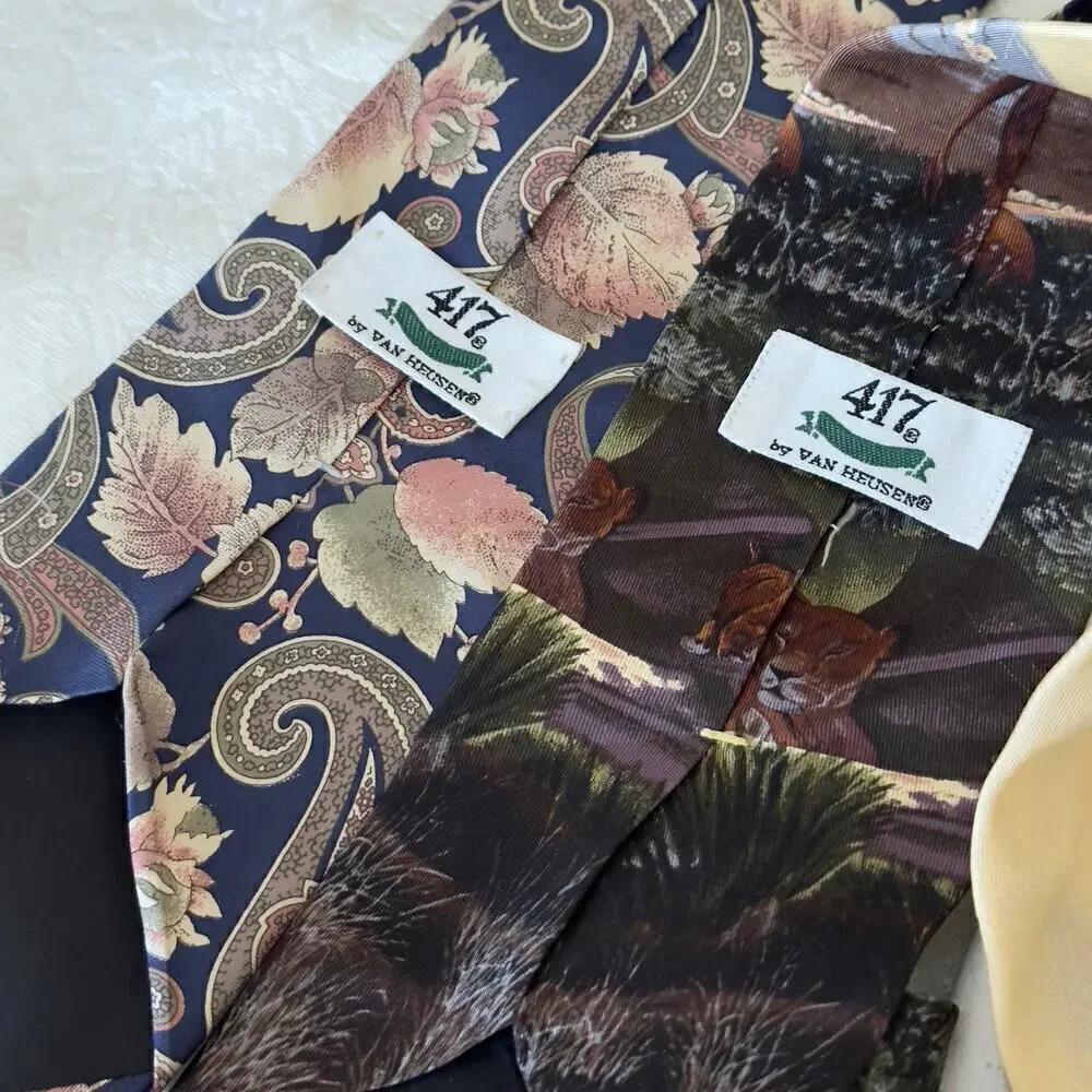 Lot of 2 Men’s 427 Van Heusen 100% Silk Vintage Novelty Work Ties Lions Paisley